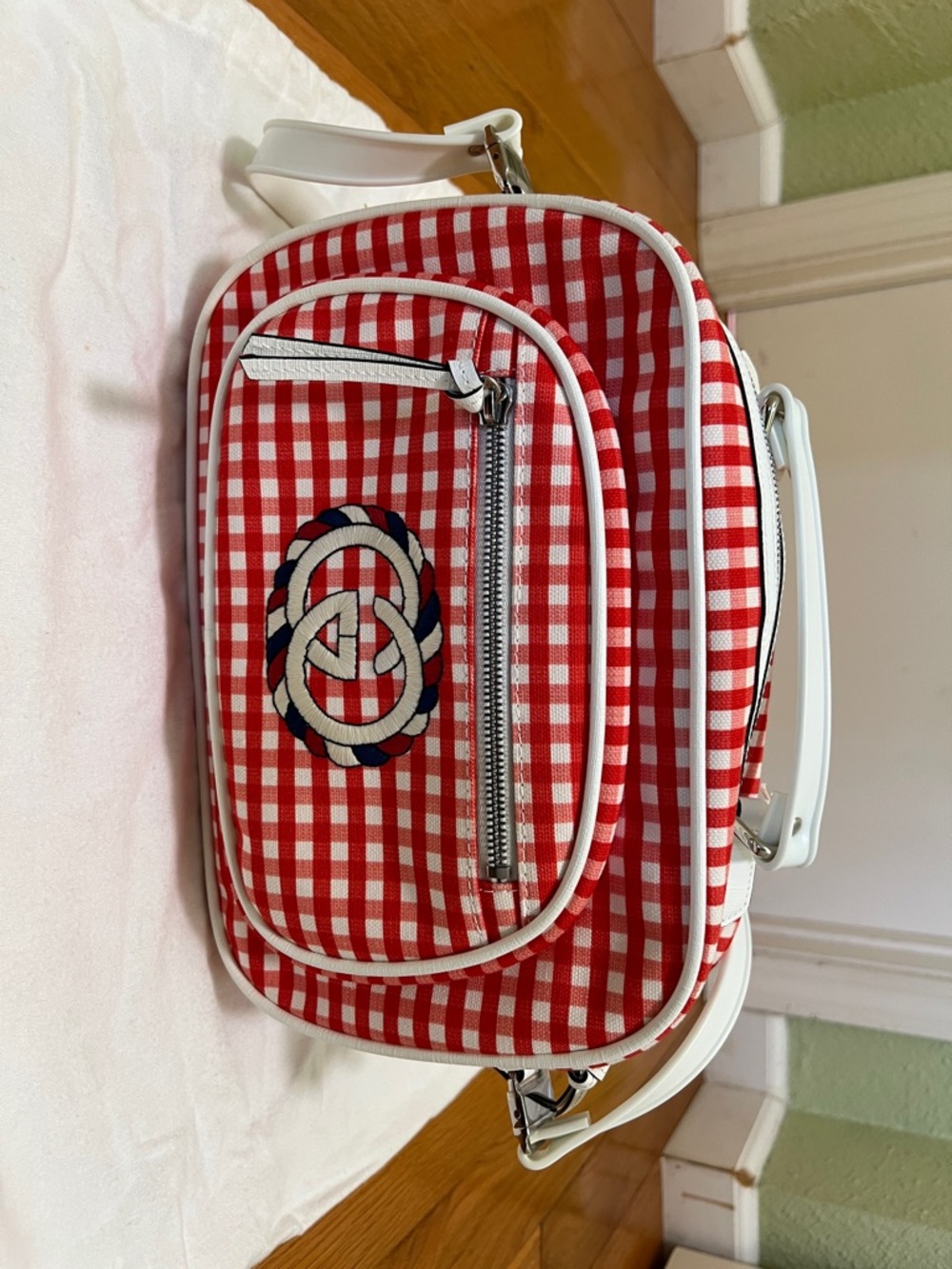 Gucci Red Gingham Crossbody with White leather  Trim and Embroidered Logo.